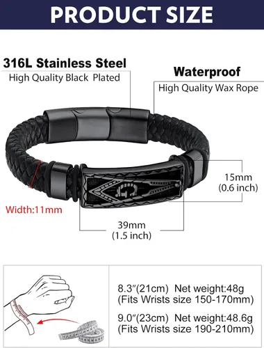 Vista 6 de Bandmax Pulsera trenzada de cuero negro para hombre con colgante gótico punk, pulsera de cuero con hebilla de acero inoxidable, paquete de regalo