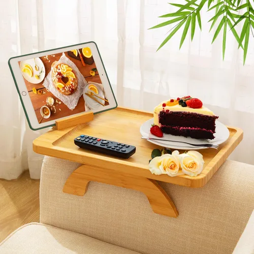 Vista 8 de SINWANT Mesa de Brazo para Sofá, Mesas de Reposabrazos de Sofá de Madera de Acacia, Mesa de Reposabrazos de Sofá con Soporte para Teléfono de 360°