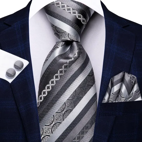 Vista 113 de Hi-Tie Corbatas de seda para hombre, diseño de cachemira a rayas, con bolsillo, gemelos cuadrados, conjunto formal de negocios