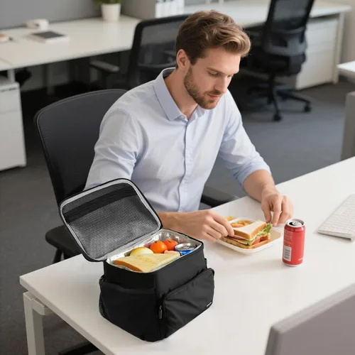 Vista 8 de Gloppie Fiambrera para hombres Bolsa de almuerzo para mujeres, a prueba de fugas almuerzo refrigerador bolsa negro gran almuerzo térmica