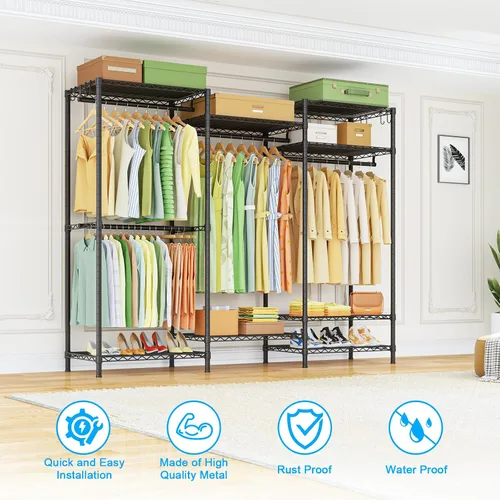 Vista 6 de Ulif E13 Perchero de Ropa de Servicio Pesado (Con 4 Barras Colgadoras y 8 Estantes) Percheros Independientes para Colgar Ropa, Organizador de Closet