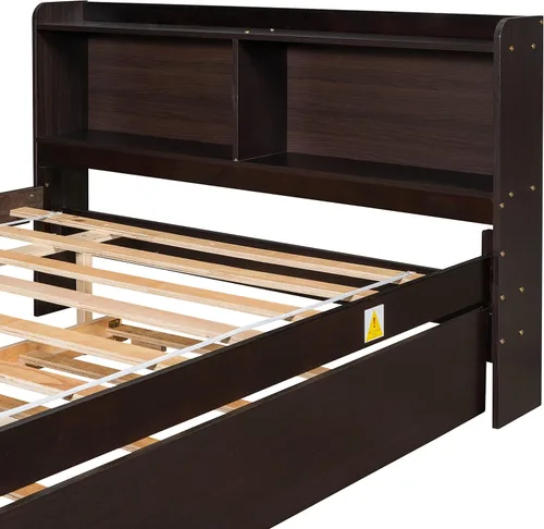 Vista 5 de Polibi Cama de plataforma de tamaño matrimonial con nido individual y estantería, cama de plataforma de almacenamiento de madera con cabecera