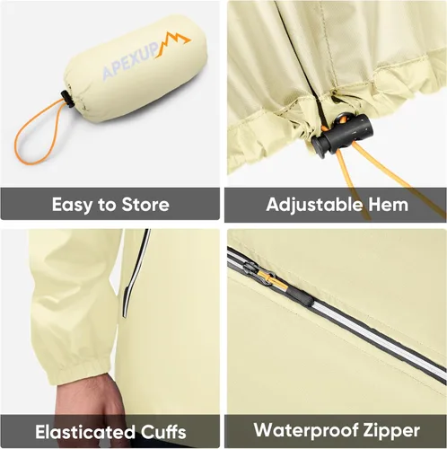 Vista 5 de APEXUP Chaqueta de lluvia empacable para hombre con cremallera reflectante, impermeable ligero, chaqueta de lluvia para hombre para deportes al aire