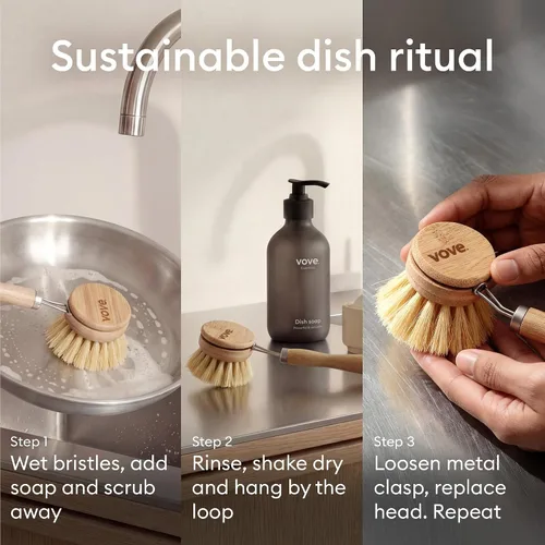 Vista 8 de Vove Cepillo de bambú para platos con 3 cabezales de repuesto, cepillo de cocina sin plástico para ollas, sartenes y platos, mango de bambú