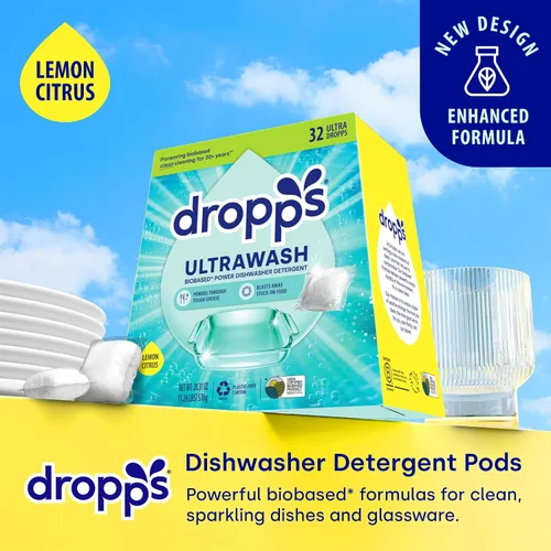 Vista 2 de Dropps UltraWash Cápsulas de detergente para lavavajillas, limón cítrico (32 unidades) – Comprimidos de detergente para lavavajillas de limpieza