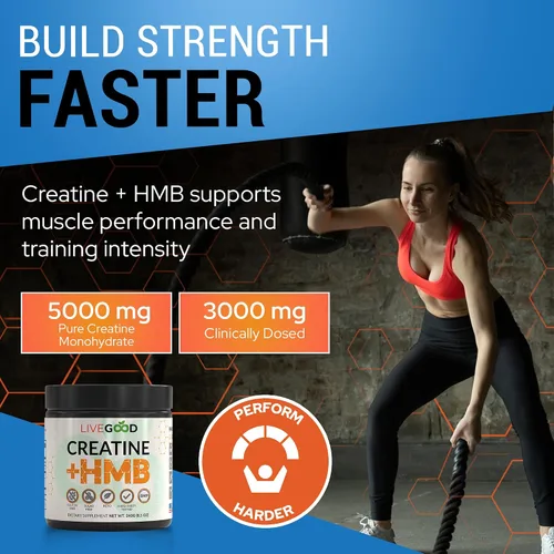 Vista 2 de LIVEGOOD Monohidrato de creatina con HMB para crecimiento muscular magro y recuperación - Polvo de creatina HMB para hombres y mujeres - Creatina