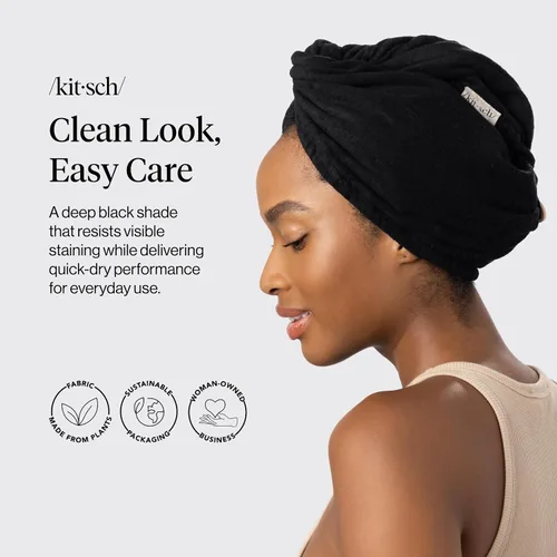 Vista 2 de Kitsch Toalla de pelo de microfibra para mujeres - Negro Ultra Absorbent Microfiber Hair Towels for All Hair Types – Anti-Frizz Hair Wrap Towels