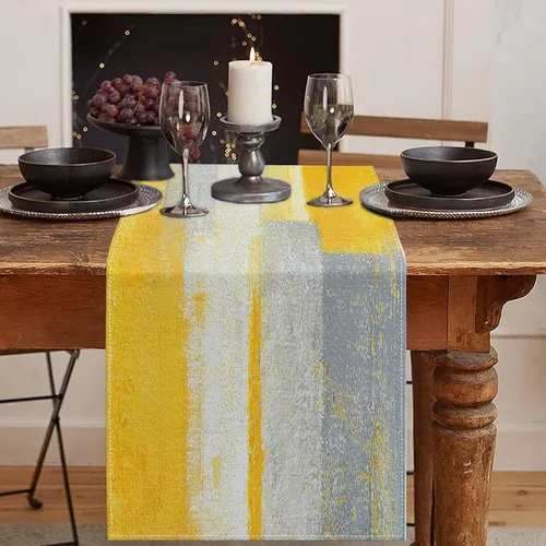 Vista 13 de Emvency - Camino de mesa de estilo granja, pintura de arte abstracto vintage en azul y gris para mesa de cocina, cenas familiares, fiestas, bodas
