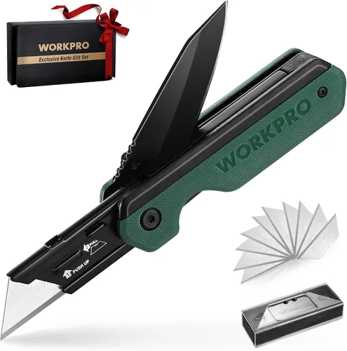 Vista 11 de WORKPRO Cuchillo plegable 2 en 1, cortador de caja de cambio rápido con clip para cinturón, bloqueo de revestimiento y mango G10, 10 cuchillas SK5