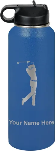 Vista 23 de LaserGram Botella de agua personalizada, golfista de golf, acero inoxidable de doble pared aislada al vacío con popote superior, regalo grabado Negro
