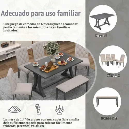 Vista 8 de Juego de mesa de comedor rústica de 6 piezas con mesa rectangular de caballete y 4 sillas tapizadas y banco, juego de mesa de comedor de cocina