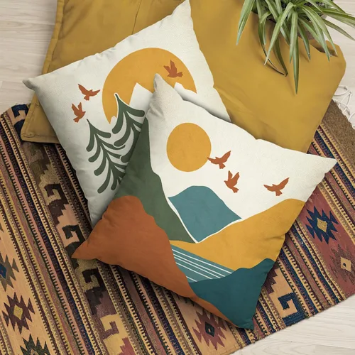 Vista 2 de Fahrendom Fundas Decorativas para Cojines de Aventura Boho 16 x 16 Pulgadas Juego de 4, Funda de Almohada Bohemia Arcoíris Montaña Bosque Porche