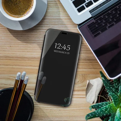Vista 4 de Funda compatible con Samsung Galaxy S20 Ultra, funda de piel transparente con espejo S-View, a prueba de golpes, con función atril, antiarañazos