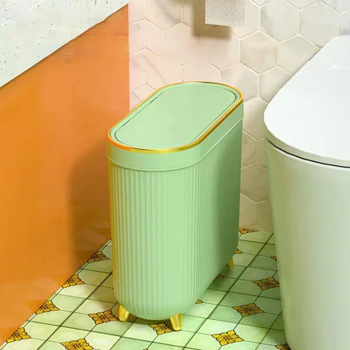 Vista 5 de Aupekro Basurero de baño con tapa, 3.1 galones / 12 litros, cubo de basura delgado, contenedor de basura rectangular de plástico estrecho para sala