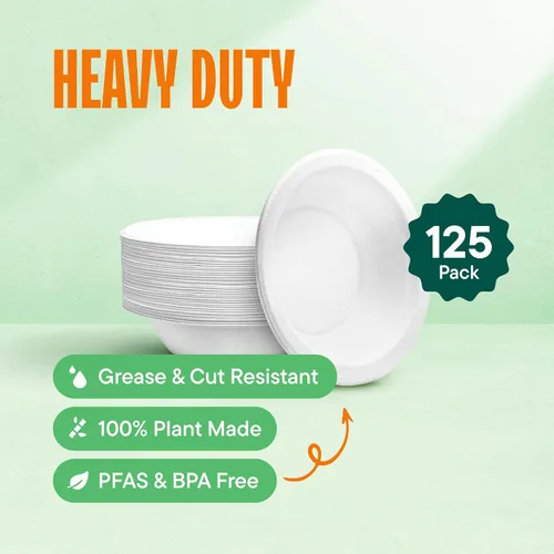 Vista 2 de Cuencos de papel desechables 100% compostables [paquete de 125] – {Sin PFAS} – {Certificado BPI} – [12 oz] Pesados, ecológicos, biodegradables