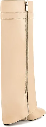 Vista 5 de Botas plegables puntiagudas con tacón de cuña para mujer, botas hasta la rodilla con diseño de candado y cremallera lateral Beige