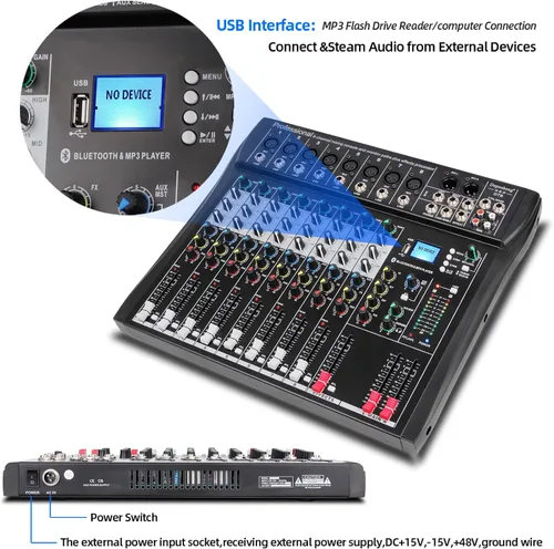 Vista 2 de Depusheng DT8 Mezclador profesional, tablero de sonido, consola de 8 canales, interfaz de sistema de escritorio, USB digital, entrada de computadora