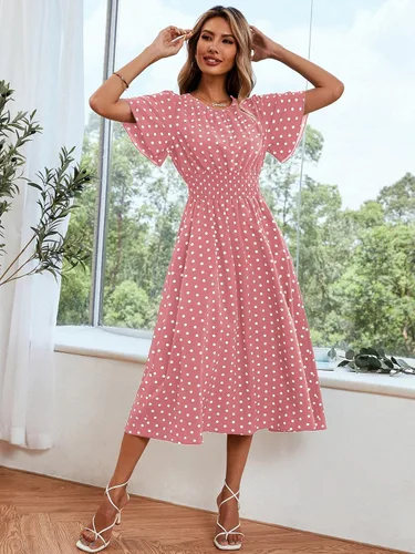 Vista 4 de Verdusa Vestido midi acampanado de manga corta con estampado de lunares para mujer