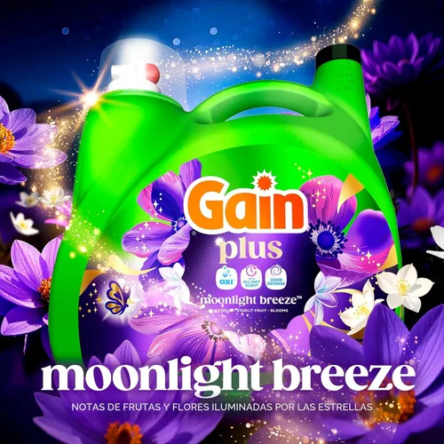Vista 6 de Gain Detergente líquido para ropa Plus, más limpio, más fresco, ahora con aroma Oxi, Moonlight Breeze, 99 onzas líquidas, 75 cargas