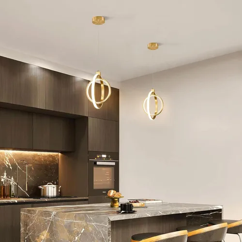 Vista 3 de Lámpara LED moderna con anillo dorado, lámpara colgante de 4000 K, regulable en altura ajustable, iluminación colgante para comedor, cocina, isla