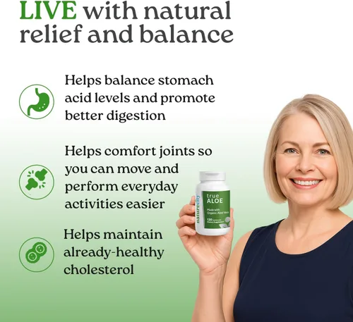Vista 3 de NatureCity True-Aloe 80,000 mg equivalente de gel de aloe vera por porción, fabricado con aloe vera orgánico (120 cápsulas) soporte digestivo