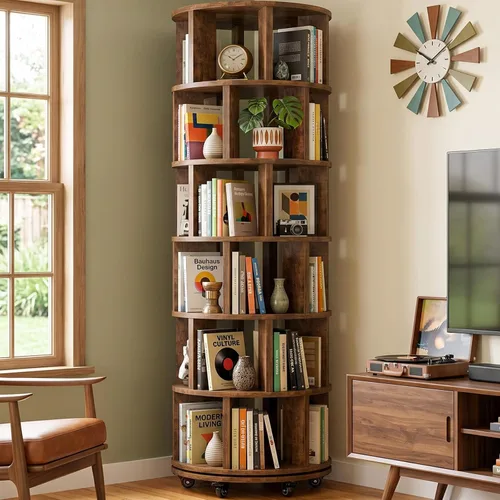 Vista 12 de Besiost 6-Tier Rotating Bookshelf Tower, Solid Wood 360° Revolving Bookcase Round Spinning Book Shelf Organizer on 6 Wheels, Narrow Rolling