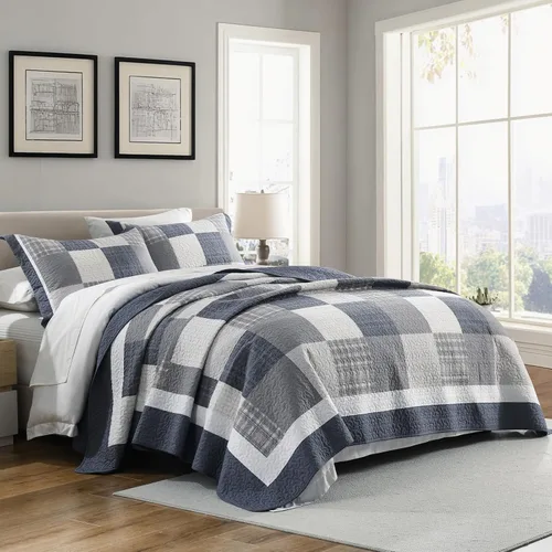 Vista 2 de KALOOLA Colchas de granja tamaño Queen – Juego de ropa de cama acolchado ligero 100% algodón, 3 piezas, colcha a cuadros estampada con 2 fundas