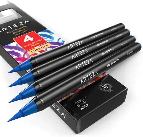 Vista 11 de Arteza Bolígrafos de pincel real, A174 gris delfín, paquete de 4, bolígrafos de acuarela con puntas de pincel de nailon, suministros de arte