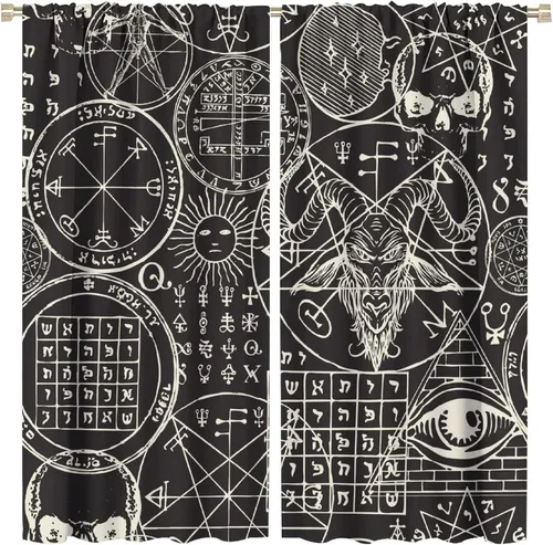 Vista 16 de BAEKJIN Cortinas de cabeza de cabra, diseño de calavera malvada, bruja, símbolo misterioso, bolsillo para barra, cortinas opacas para ventana, juego