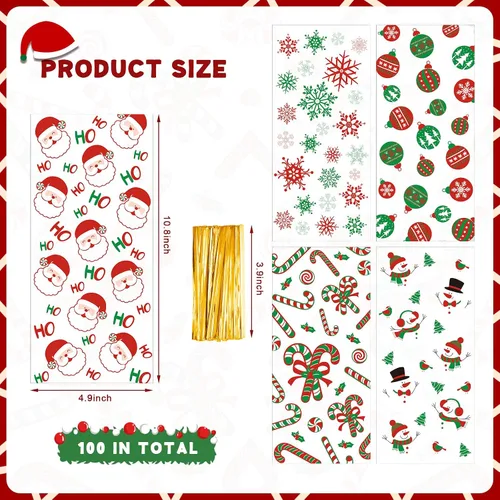 Vista 2 de Pasimy 100 Piezas Bolsas de Celofán Navideñas para Dulces con Lazos Bolsa de Regalo de Plástico Transparente a Granel Bolsas de Celofán Navideñas