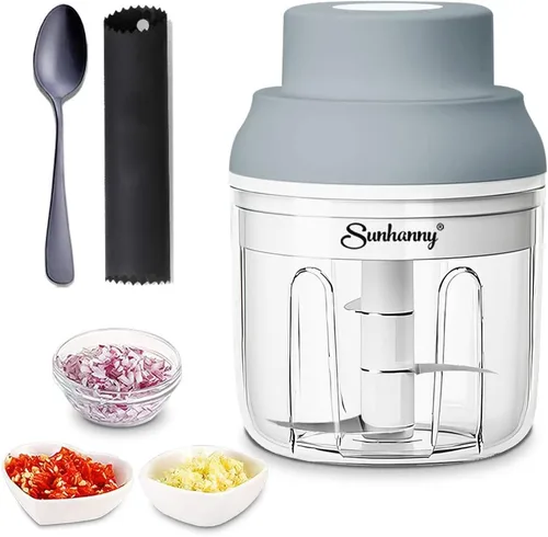 Vista 9 de Picadora eléctrica de ajos, trituradora de ajo eléctrica, procesador de alimentos pequeño con pelador de ajo y cuchara, 3.4 fl oz, gris