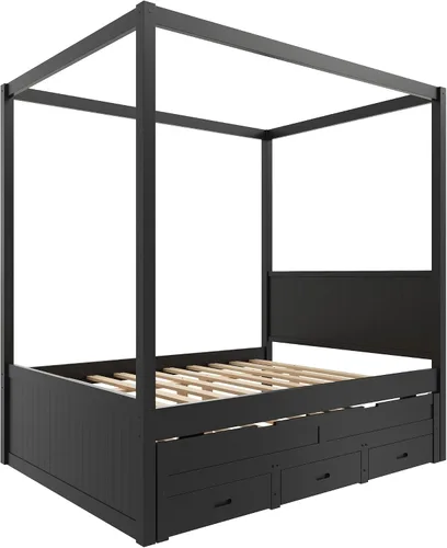 Vista 8 de Wood Canopy Platform Bed Full with Headboard, Trundle and 3 Drawers Negro-8.1