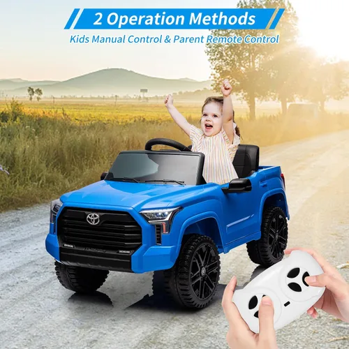 Vista 5 de Auto de paseo de 12 V para niños, camión Toyota con licencia, automóvil eléctrico a batería con música, luces LED, sistema de suspensión, puertas