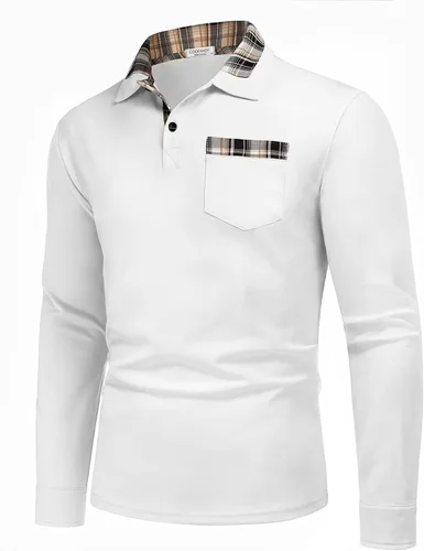 Vista 7 de COOFANDY Men's Casual Polo Shirt Long Sleeve Classic Plaid Button Tees with Pockets
