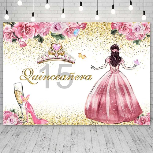 Vista 2 de SENDY Telón de fondo de quinceañera de 8 x 6 pies para niña, feliz cumpleaños 15, flores rosadas, tacones altos, corona, princesa, decoración