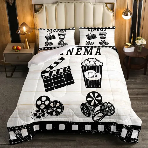 Vista 13 de Juego de edredón de cine tamaño individual, ropa de cama vintage de cine para niños, niñas y adultos, juego de edredón de palomitas de maíz
