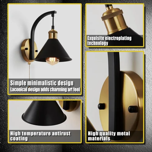 Vista 6 de Lightess Apliques de Pared Industriales con Interruptor de Cordón, Luz de Pared Montada Estilo Granja Negro, Accesorio de Iluminación de Pared