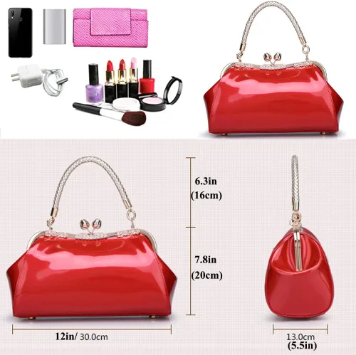 Vista 2 de ZiMing Bolsos de charol brillantes para mujer, bolsos vintage con cerradura de beso con asa superior de metal, bolsos de noche