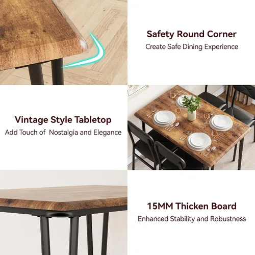 Vista 6 de Mesa de comedor de cocina y sillas tapizadas para 4, mesa rectangular de madera para 4 asientos, juego de comedor industrial de 5 piezas