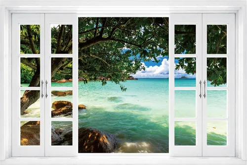 Vista 9 de FLFK Calcomanía de pared falsa para ventana, diseño de vista tropical del océano para despegar y pegar, 24 x 16 pulgadas