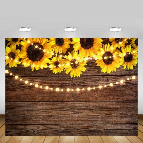 Vista 2 de Telones de fondo de madera de girasol de 7 x 5 pies para fotografía, rústico, inauguración de la casa, baby shower, cumpleaños, verano, boda, tira