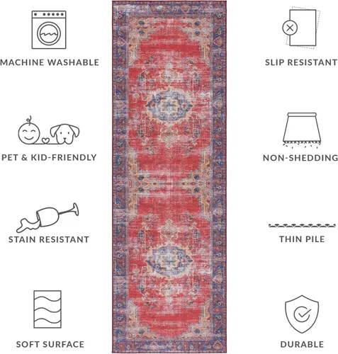 Vista 8 de SAFAVIEH Tucson Collection - Alfombra lavable de 2 pies 6 x 8 pies, color rojo y azul marino, antideslizante, ideal para zonas de alto tráfico