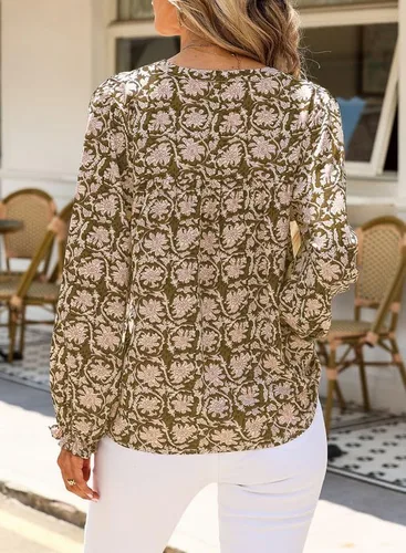 Vista 9 de SHEWIN Blusas de primavera para mujer, estilo casual, cuello en V, manga larga, blusas florales bohemias