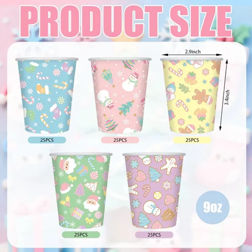 Vista 2 de Patelai Paquete de 150 vasos de papel de Navidad de 9 onzas, tazas de café desechables de arcoíris pastel con diseño de Papá Noel, muñeco de nieve
