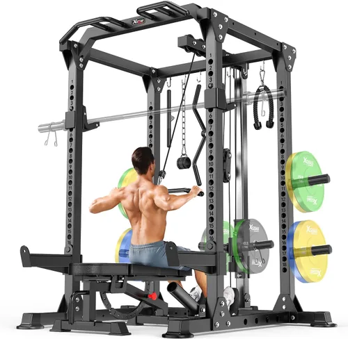 Vista 25 de Power Rack Power Cage Rack multifunción para sentadillas con sistema cruzado de cable seleccionable más accesorio de entrenamiento para garaje