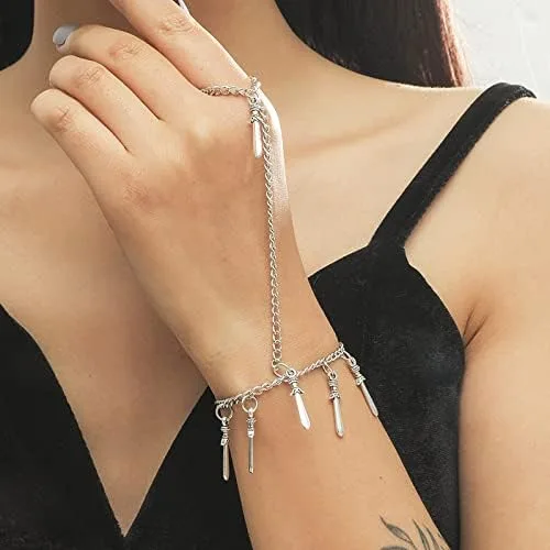 Vista 2 de Pulsera geométrica de múltiples capas de aleación de color de acero con borla de gota de agua, Acero aleado, Sin gemas.