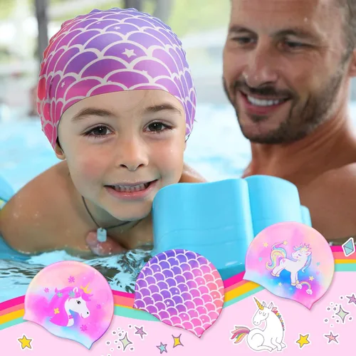 Vista 7 de Syhood Gorras de natación para niños, 3 unidades, impermeables, gorro de natación de dibujos animados para cabello largo y corto, para niños y niñas