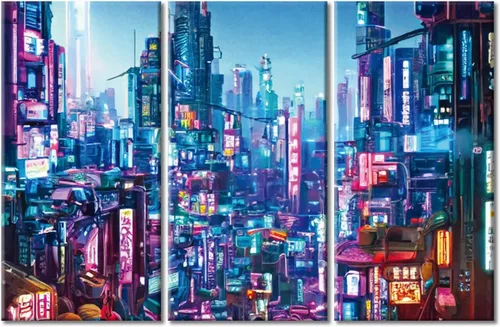 Vista 9 de Arte de pared de 3 piezas de escena de ciencia ficción de la calle comercial futurista paisaje urbano, decoración de pared para dormitorio