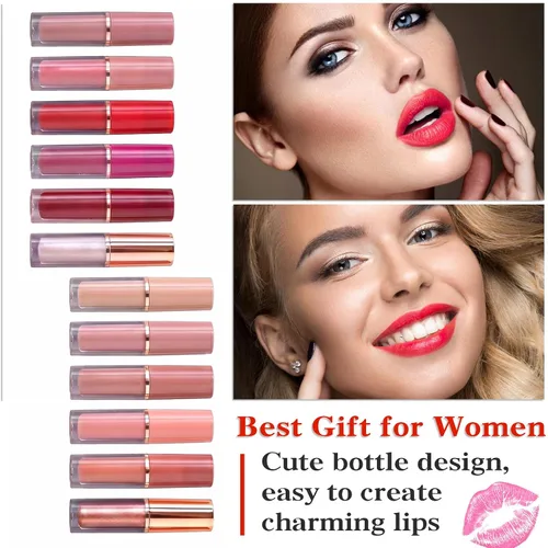 Vista 5 de Lápiz labial líquido de 12 colores, tinte de labios, mate de larga duración, impermeable, juego de brillo labial para crear maquillaje de labios