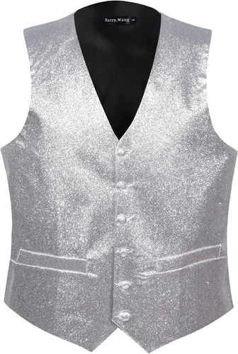 Vista 4 de Barry.Wang Chaleco brillante para hombre, cuello en V, ajuste delgado, chaleco con corbatín, conjunto de fiesta, graduación, esmoquin, formal, casual